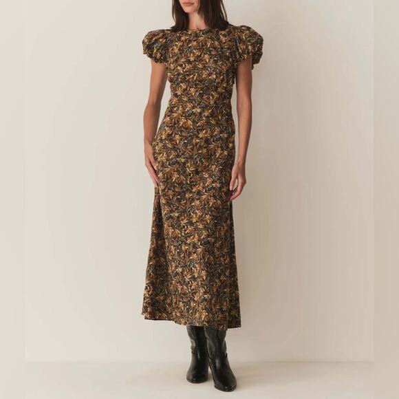 Doen Rhodia Cotton Crew Neck Short Puff Sleeve Maxi Dress Noir Narcissus Floral - Picture 5 of 13
